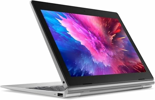 Convertible laptop in tablet mode with colorful display