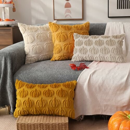 Couch with pumpkin-patterned pillows in warm colors