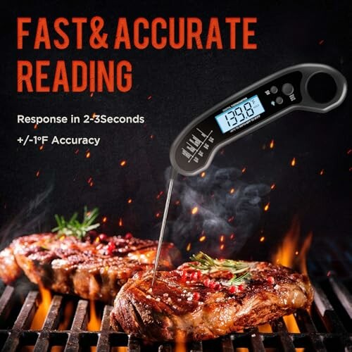 Digital meat thermometer in steak on grill with temperature reading.