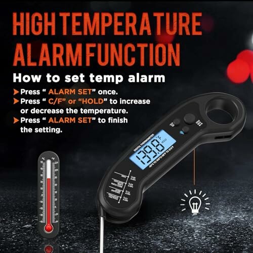 Digital thermometer with high temperature alarm instructions.