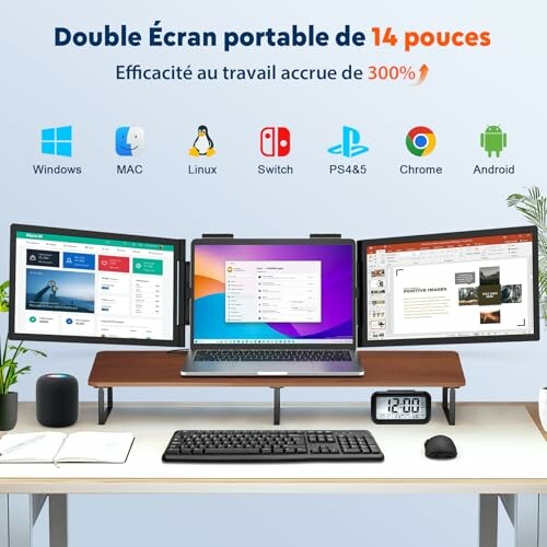 Triple screen portable setup with laptop and dual monitors for enhanced productivity.